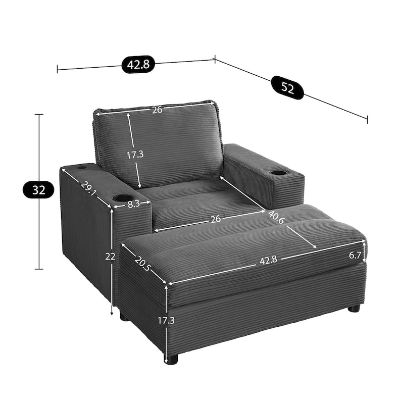 Roomfitters Oversized Chaise Lounge Chair with Storage Ottoman and Built-in USB Charging Port, Corduroy Sleeper Couch
