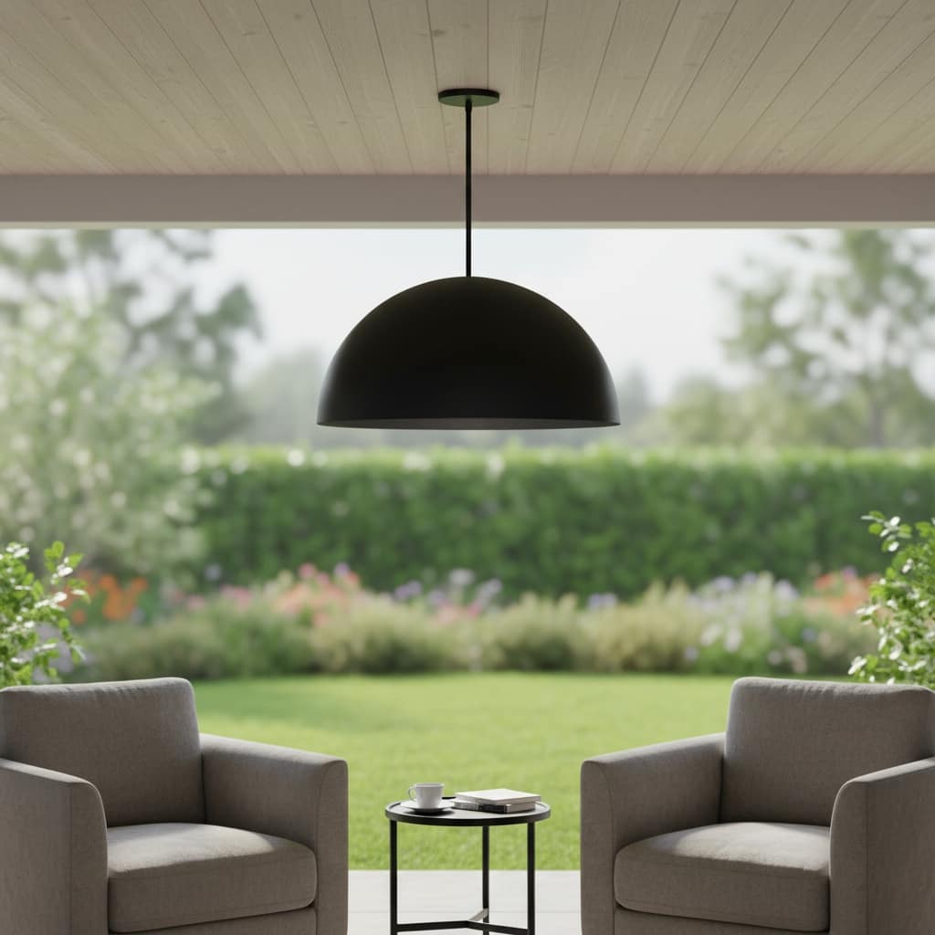 HomeRoots 32" Black Aluminum Dome LED Dimmable Outdoor Pendent Hanging Light - 31.50' X '15.88' X '31.50