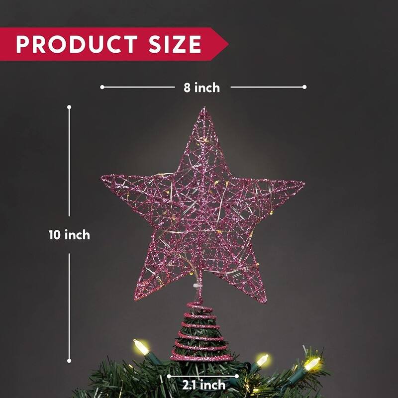9 in Christmas Tree Toppers, Battery Powered Glitter Pink Star Tree Topper Lighted with 20 LED Warm White Lights