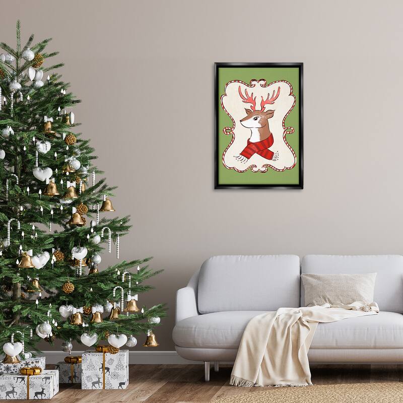 Stupell Festive Winter Deer in Scarf Framed Floater Canvas Wall Art Design By Hannah Moren