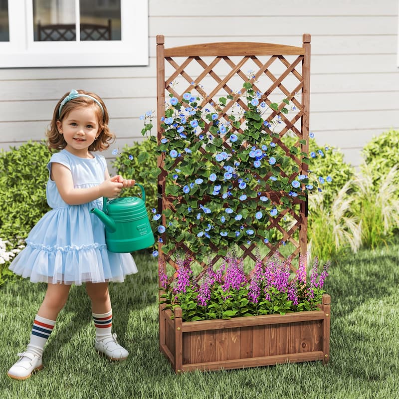 Gymax 60'' Tall Raised Garden Bed w/ Diamond Lattice Trellis Drainage