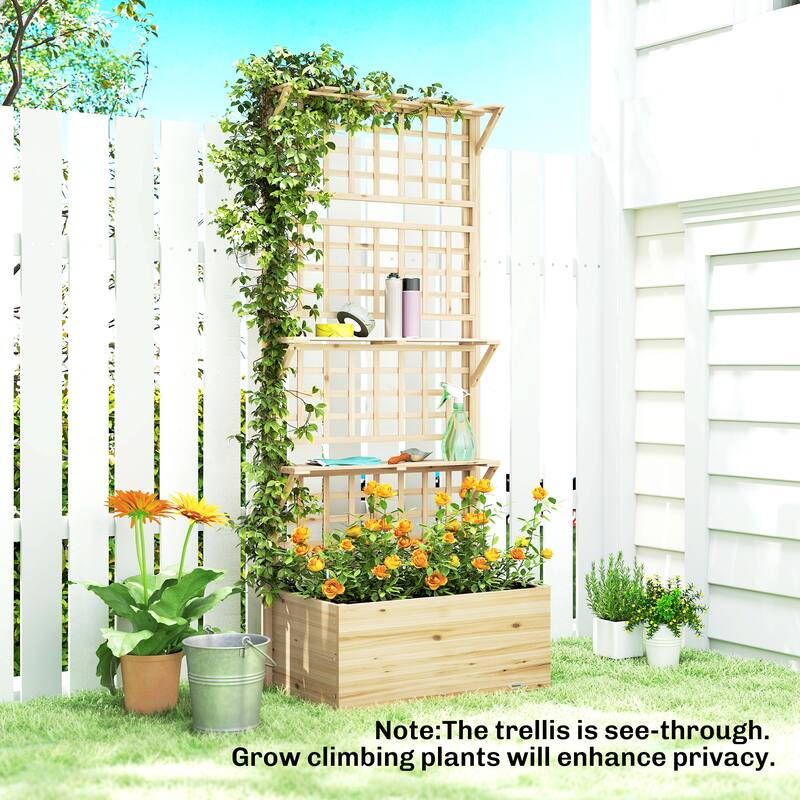 Outsunny Wooden Raised Garden Bed with Trellis and Roof, Elevated Outdoor Planter Box with 2 Shelves,Natural