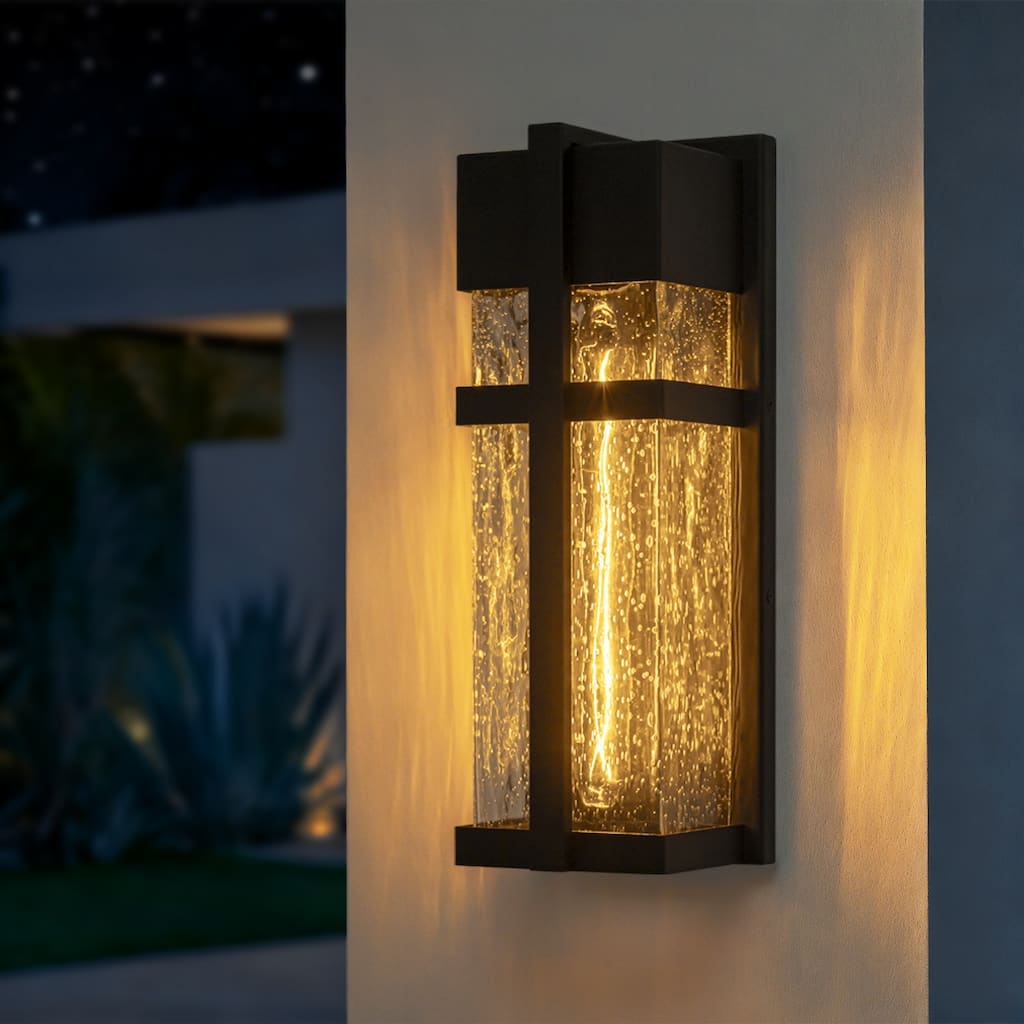 Modern Outdoor Wall Sconce with Seeded Glass - Black