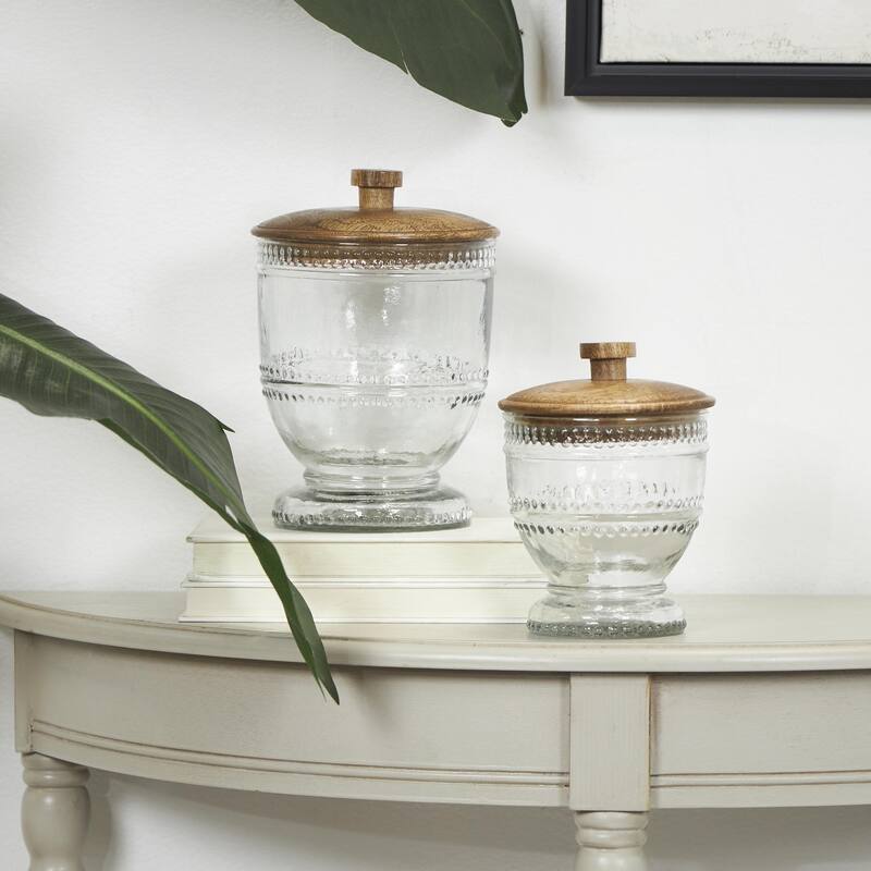 Glass Beaded Living Room Decorative Jars with Wood Lids - Set of 2 Clear - Roche River Decor
