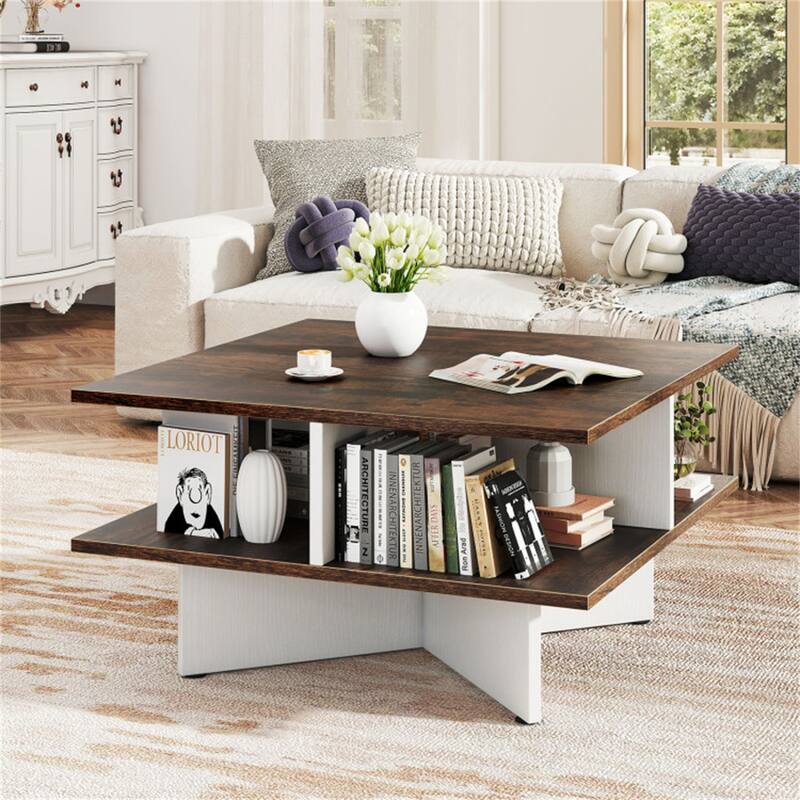 2-Tier 24” Square Wooden Living Room Coffee Table with 4 Storage Compartments and Cross Base - 24" x 24" x 13"