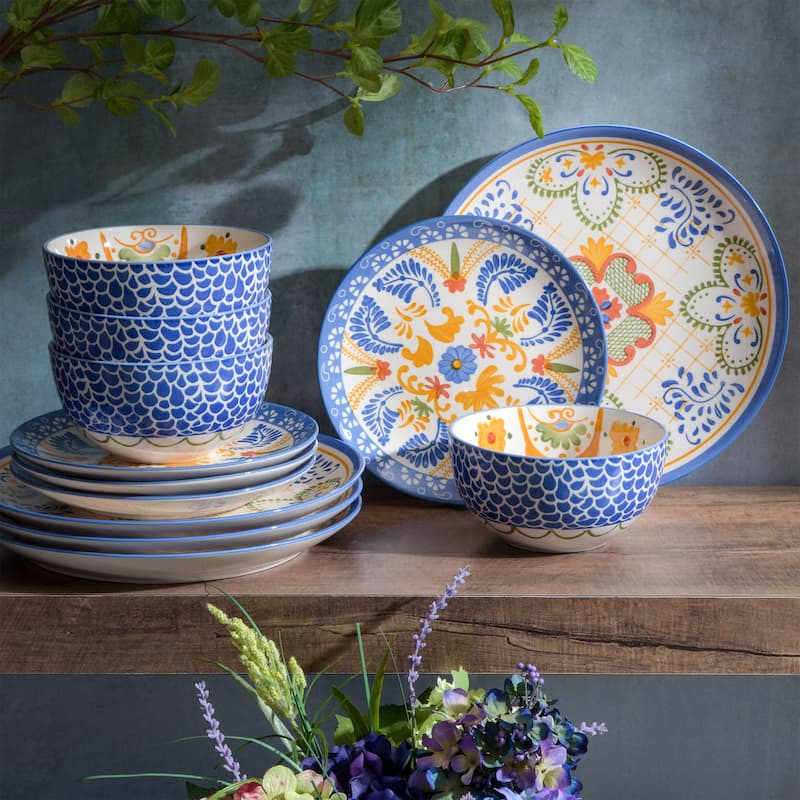 Laurie Gates Tierra Tile 12Pc Round Stoneware Dinnerware Set