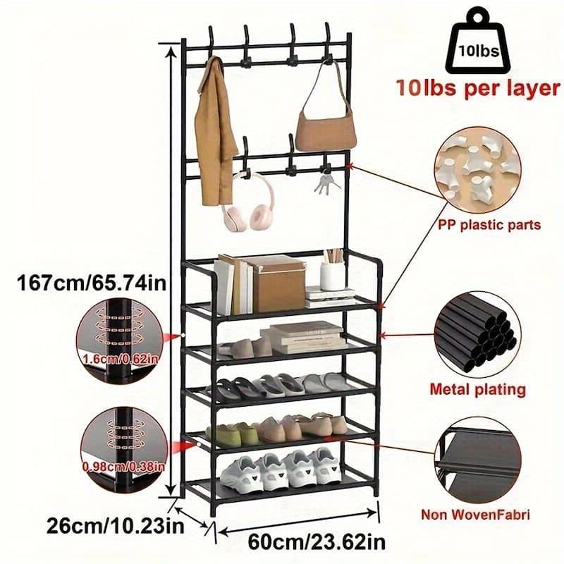 Multifunctional Storage Rack, 4-in-1 Self-Assembled Shoe Rack with Hooks