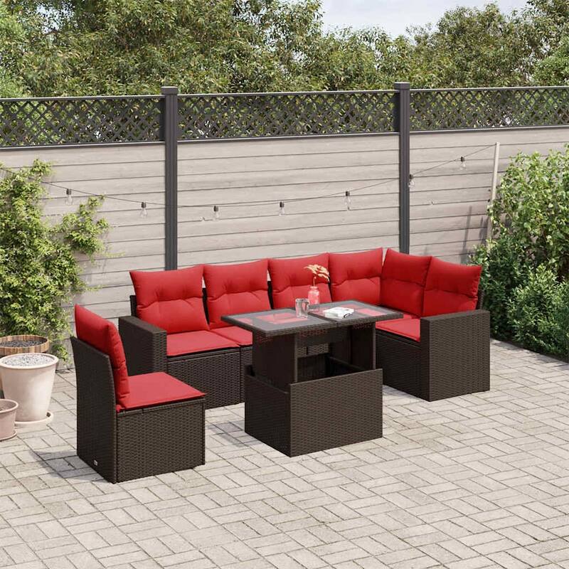 vidaXL Patio Sofa Set with Cushions and Table Outdoor 7 Piece Poly Rattan - 24.4 x 24.4 x 27.2 - Brown
