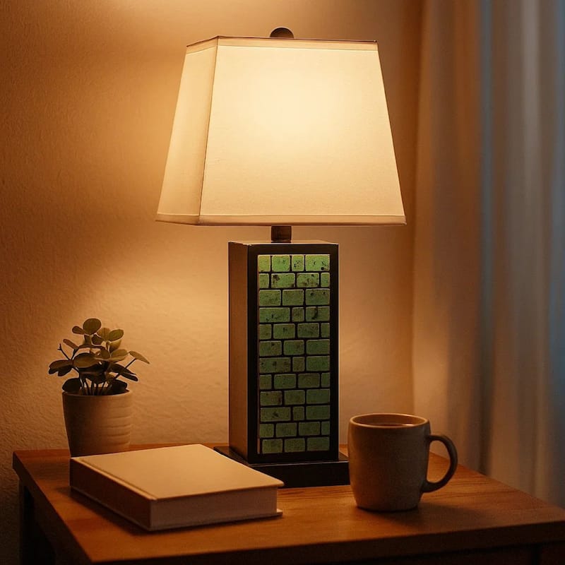 Rectangular Metal Frame Table Lamp Set of 2 with Brick Pattern, White and Blue