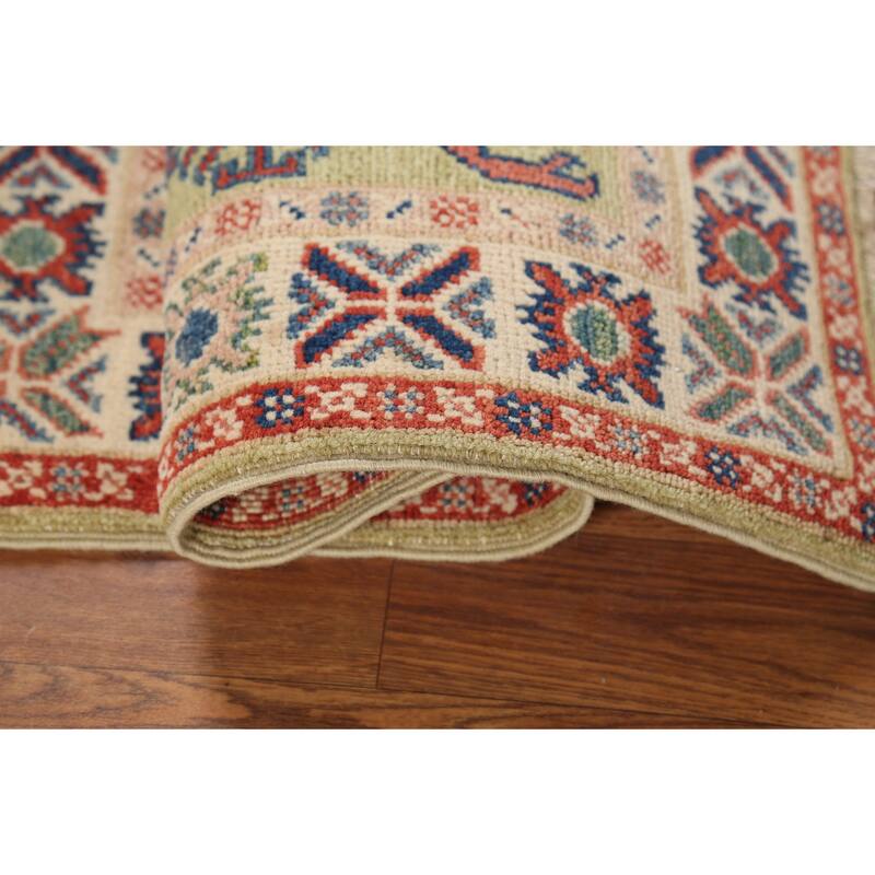 Pistachio Green Geometric Kazak Oriental Rug Hand-Knotted Wool Carpet - 2'1"x 2'10"