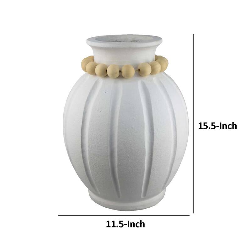 Nehu Decorative Vase, Beaded Neck Details, 16 Inch White Resin