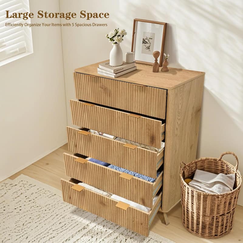 5 Drawer Fluted Dresser, 48" Tall Modern Wood Storage Chest