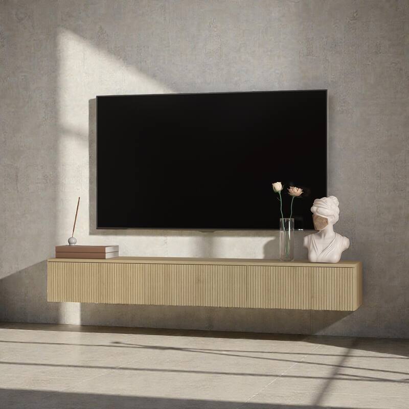 65" Floating TV Stand Wall Mounted with 16 Color LED Lights, Modern TV Cabinet for 55-65 Inch TVs