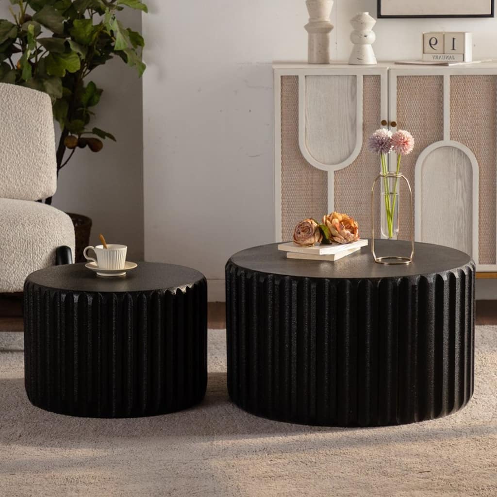 Black Scalloped Round Coffee Table Set: Nesting Design
