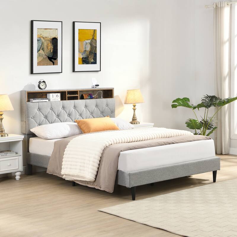 Queen Size Linen Upholstered Platform Bed with Button-Tufted Headboard, USB Charging Station and Side Pockets