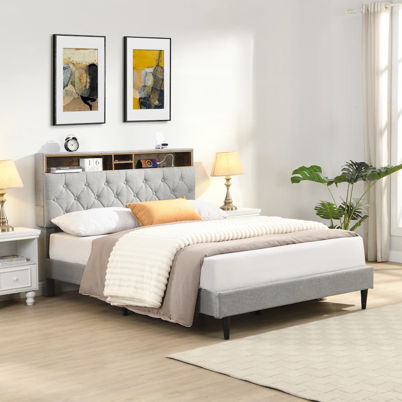 Queen-Size Upholstered Platform Bed Frame with a Modern Button-Tufted Linen Fabric Headboard,USB Ports,Charging Station