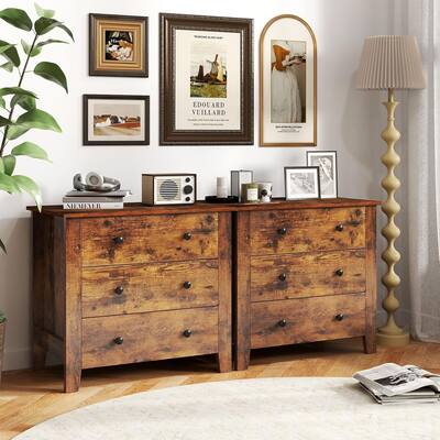 2 PCS Wooden Sofa Bedside Table 3-Drawer Small Modern Chest