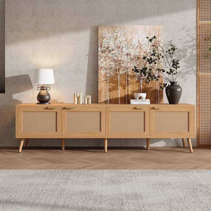 70" Wood TV Stand with Rattan Doors, Media Console, Entertainment Center with Storage for TVs up to 80", Living Room TV Cabinet - Natural Wood