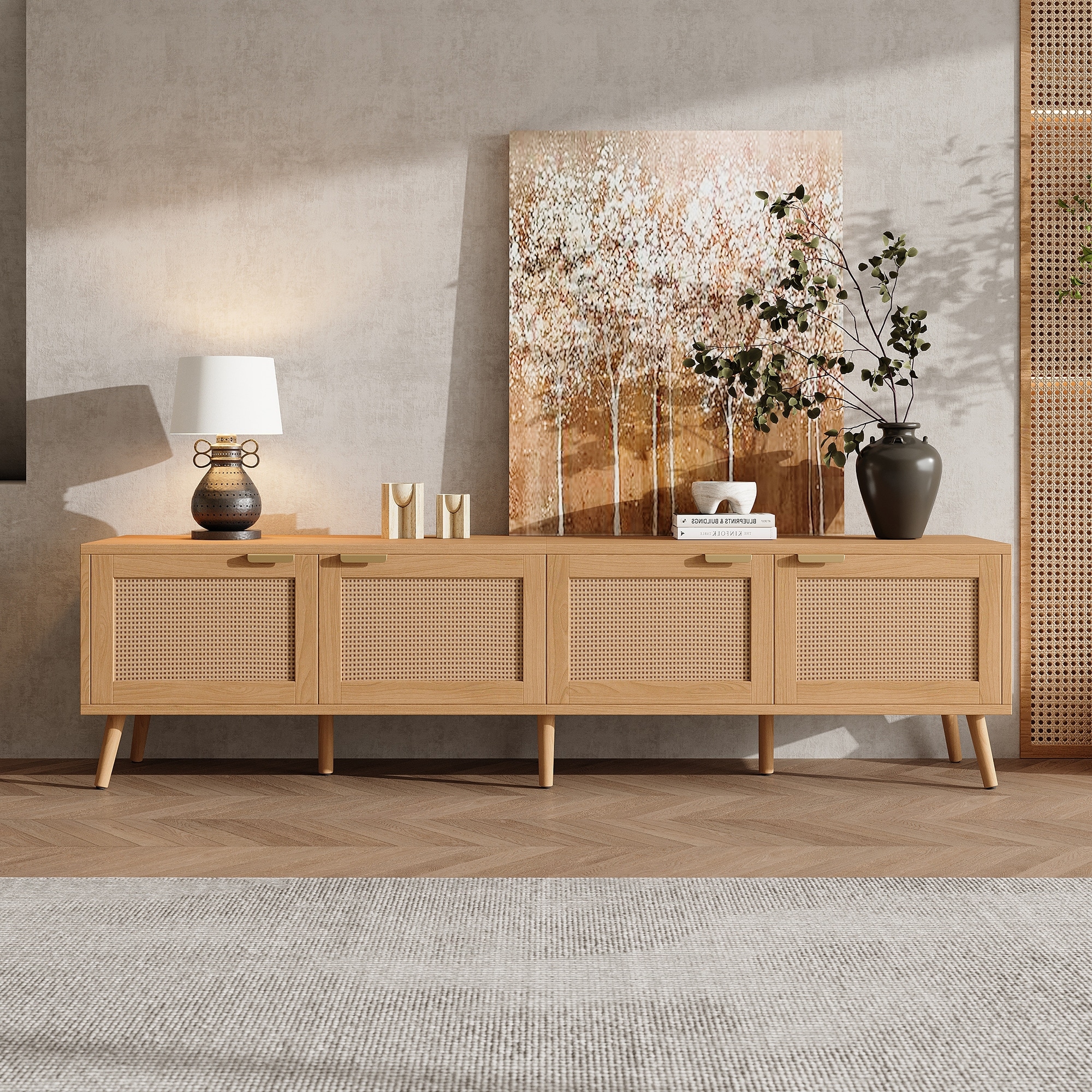 70Inch Modern TV Stand with Rattan Doors Storage and Cable Management