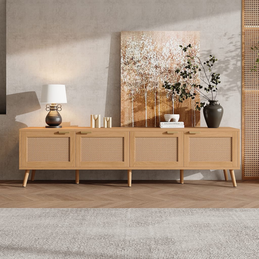 Roomfitters 70 Inch Rattan TV Stand for TVs up to 80 Inch, Modern Media Console with Storage & Cable Management, Natural