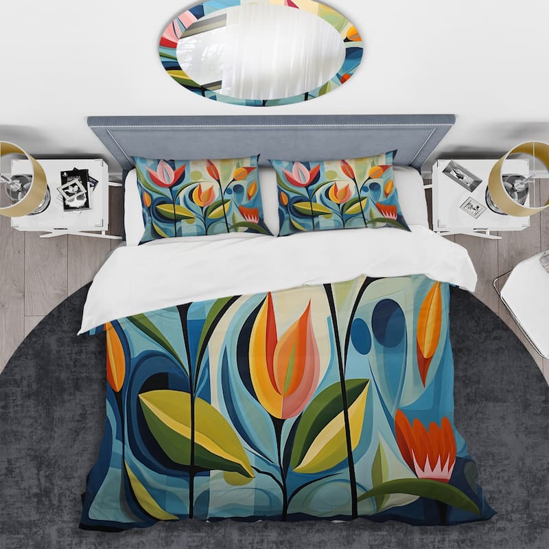 Designart "Green Mid Century Mod Nature II" Green Mid-Century - Bedding Set With Shams