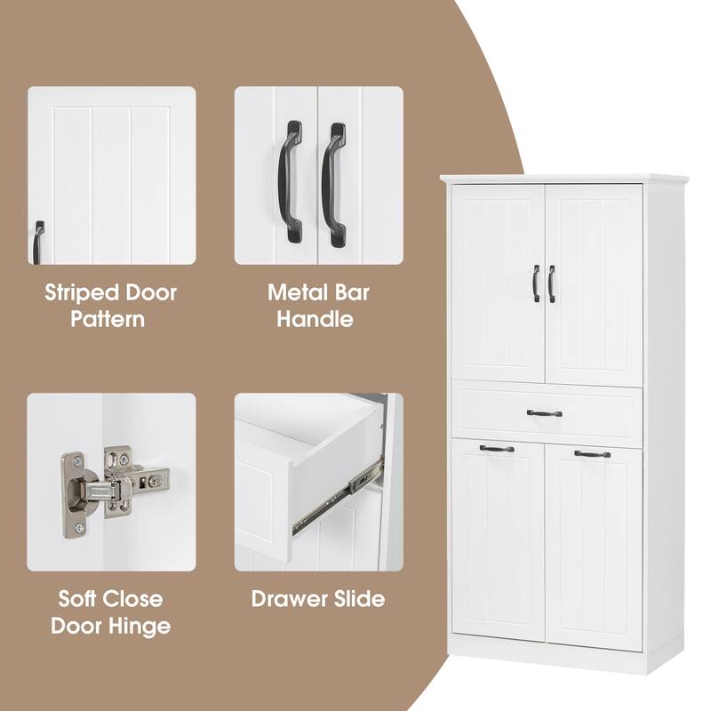 Freestanding Bathroom Cabinet with Laundry Hampers and Drawer, Tall Storage Unit with Adjustable Shelves and Doors