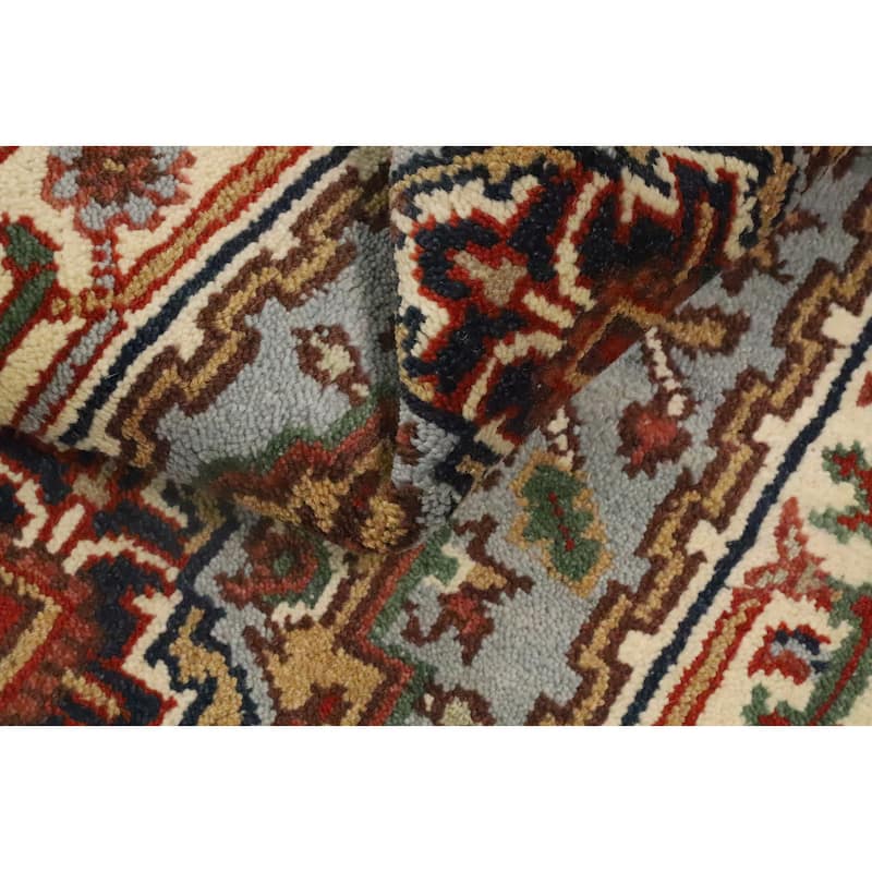 Hand Knotted Oriental 100% Wool Carpet Traditional Geometric Greys & Charcoal Heriz (serapi) Runner Rug - 9' 10'' X 2' 7''
