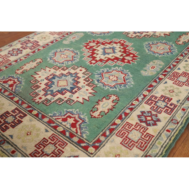 Green Kazak Foyer Rug Handmade Geometric Wool Carpet - 2'8"x 3'9"