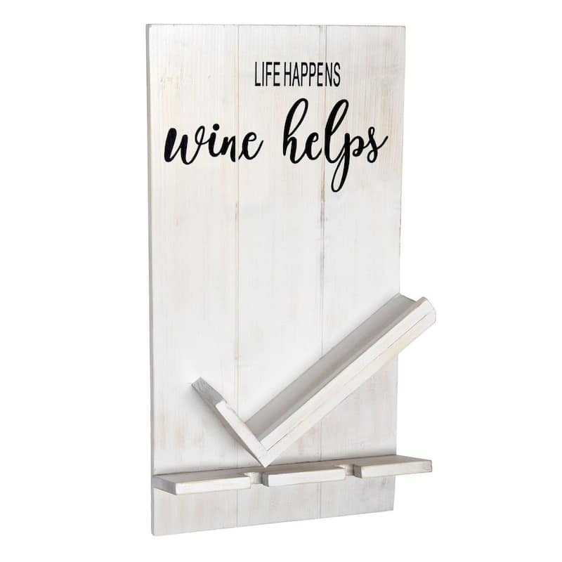Elegant Designs Lucca Wall Mounted Wooden “Life Happens Wine Helps” Wine Bottle Shelf with Glass Holder