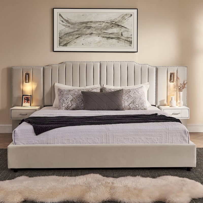 Upholstered Bed, Vertical Stripe Buttons Design Wingback Bed Frame, Velvet Fabric Platform Bed with Bedside Table