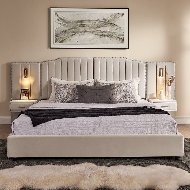 King Upholstered Wingback Platform Bed Frame with Vertical Stripe Enlarged Headboard, Adjustable Lamps & Integrated Nightstand - Beige - King