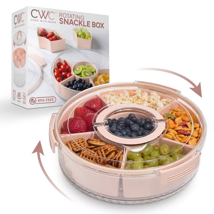 COOK WITH COLOR Round Snackle Box – 6-Compartment Serving Tray with Lid and Handle,Kids Lunch Box & Meal Prep Snack Container - Pink