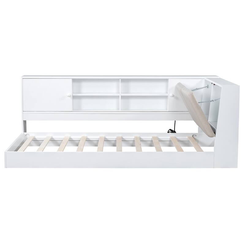 Wooden Twin Size L-shaped Daybed with Storage Bookcase