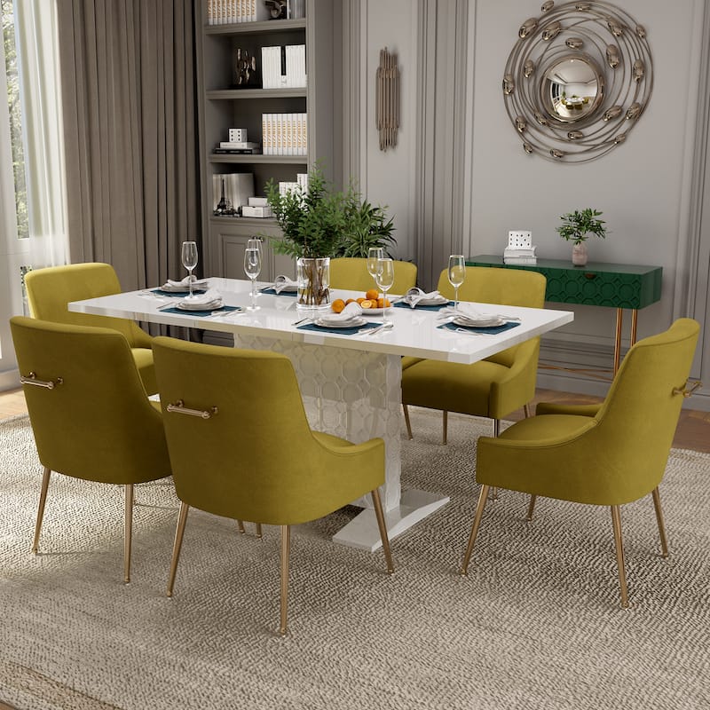 7-Piece Clihome High-gloss Extendable Table Velvet Chair Dining Set - Green
