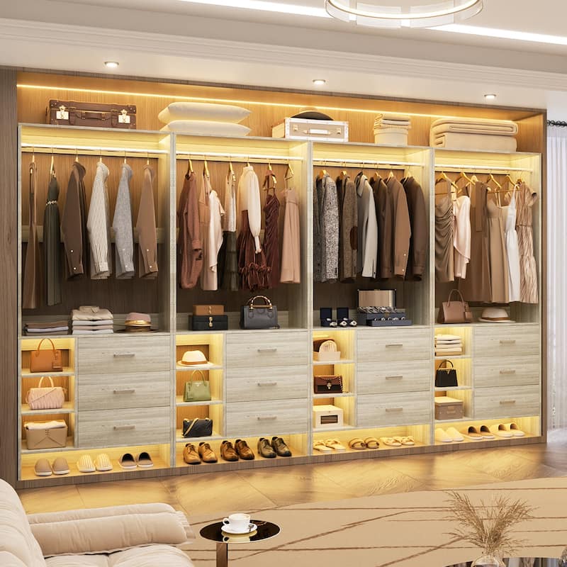 Cimly 30''-120'' W Freestanding Closet System with Hanging Rod, Closet Organizer with Drawers and Shelves - 4pcs - White Oak