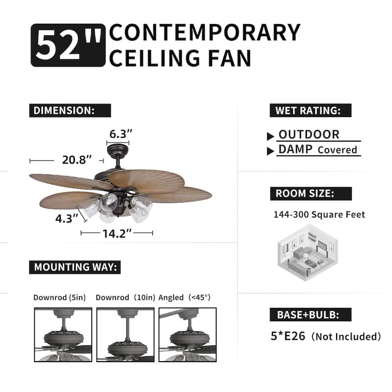 Moasis 52" Tropical Ceiling Fans with Remote,5 Blades Palm Leaf Fan