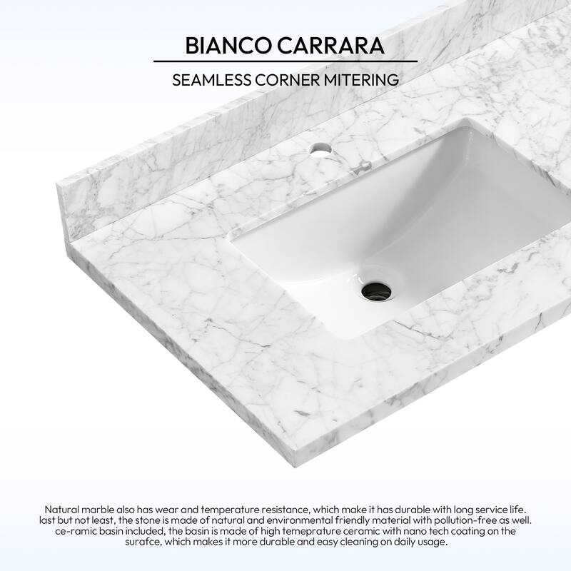 Zevio Natural Marble Vanity Top in Carrara White with Ceramic Sink