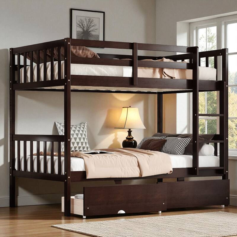 Twin Over Twin Rubber Wood Bunk Bed with 2 Drawers, Convertible into 2 Twin Beds, Ladder and Safety Guardrails - Espresso - Twin