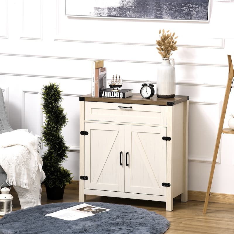 HOMCOM Industrial Wooden Storage Cabinet Kitchen Sideboard with Drawer and Adjustable Shelf for Dining Room - Distressed White