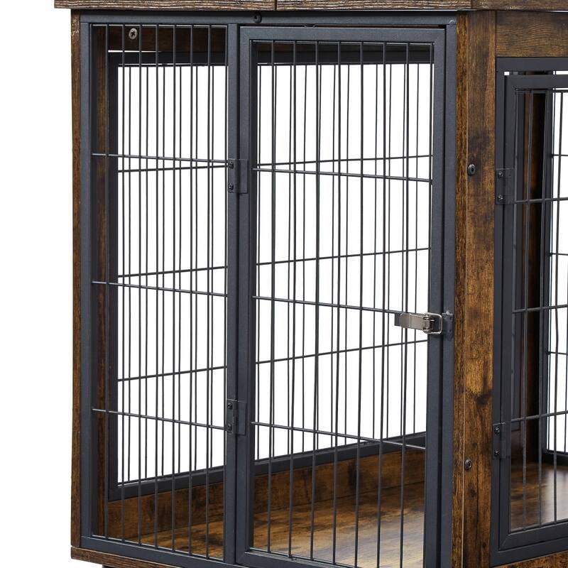 Wooden Dog Cage Crate Dog House with Double Doors on Casters