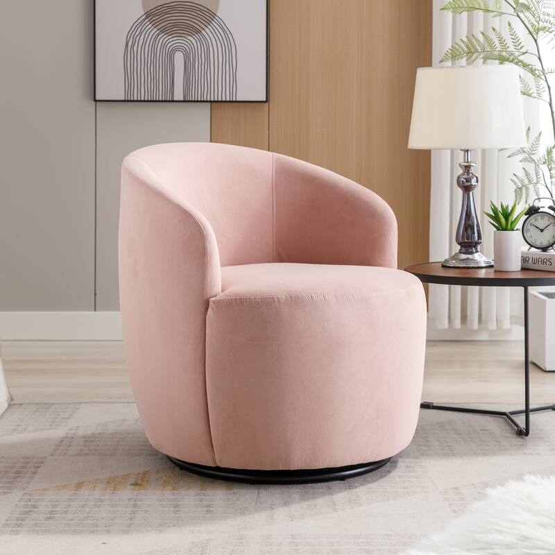 Velvet Swivel Barrel Chair with 360° Black Metal Base - Pink