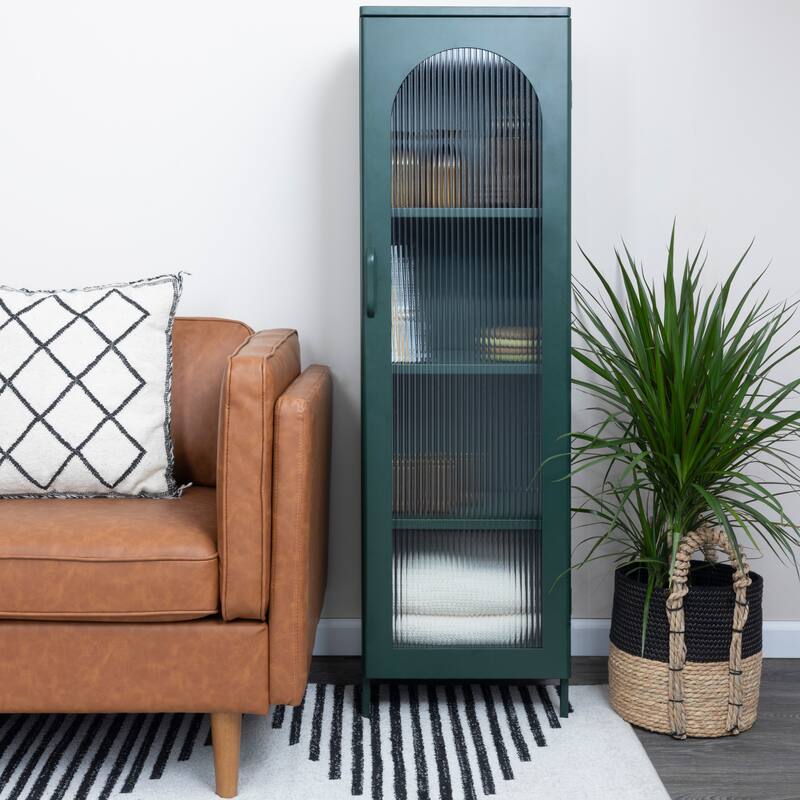 Solstice Metal Cabinet with 3 Adjustable Storage Shelves and Arched Glass Door
