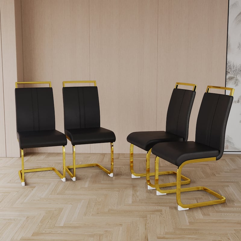 Modern Style Faux Leather High Back Dining Chairs Set of 4 with Golden Metal Legs for Dining Room