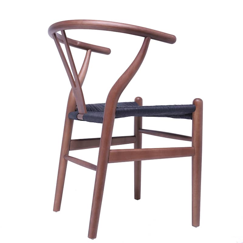 Woven Wood Armchair with Arms Open Y Back Mid Century Modern Office Dining Chairs Black Seat Kitchen Bedroom Organic Rattan