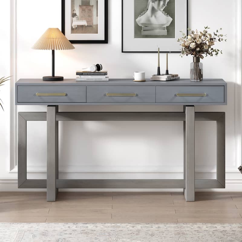 Wooden Console Table Hallway Tables with 3 Drawers and Unique Table Legs, Long Entryway Table with Iron Handle for Hallway
