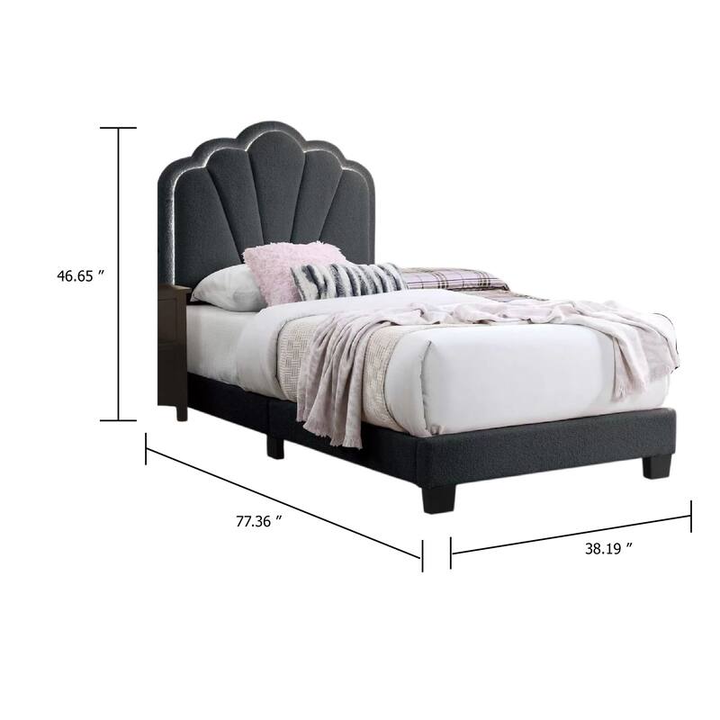 Roxy Twin Bed, Charcoal Gray Wool, LED Lighting, Padded Headboard