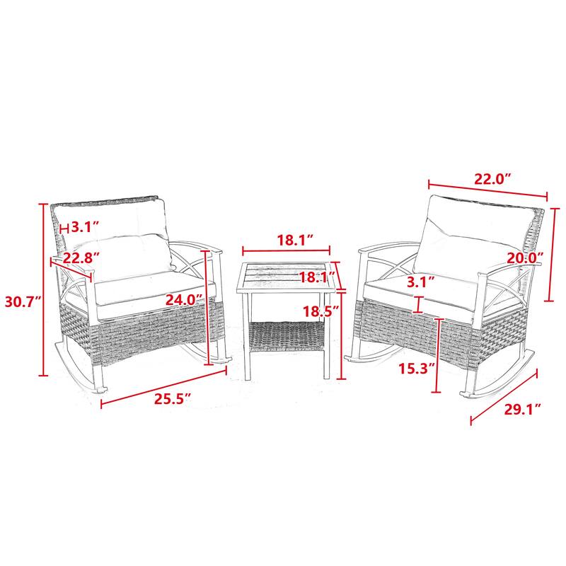 3pcs rocking rattan set outdoor grey