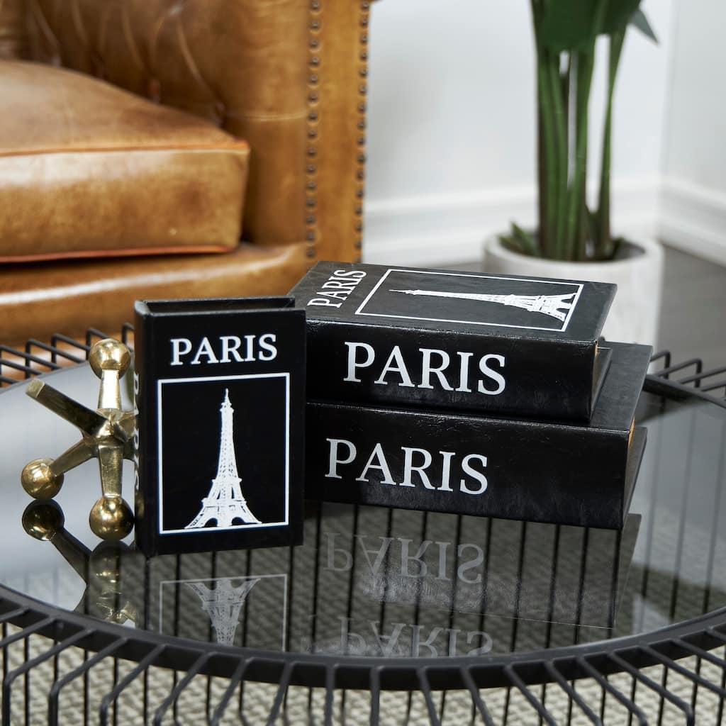 Black Wooden Paris Faux Storage Book Eiffel Tower Decorative Box (Set of 3)