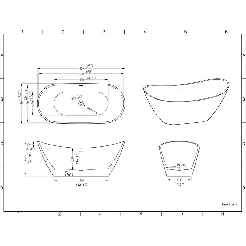 KBV 67'' x 31" Freestanding Soaking Acrylic Bathtub GTBT0005 - 67"