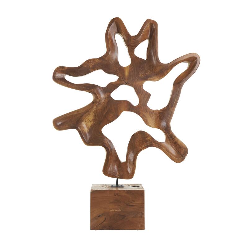 Teak Wood Abstract Cutout Decorative Sculpture with Block Base - Brown - Roche River Decor - Brown